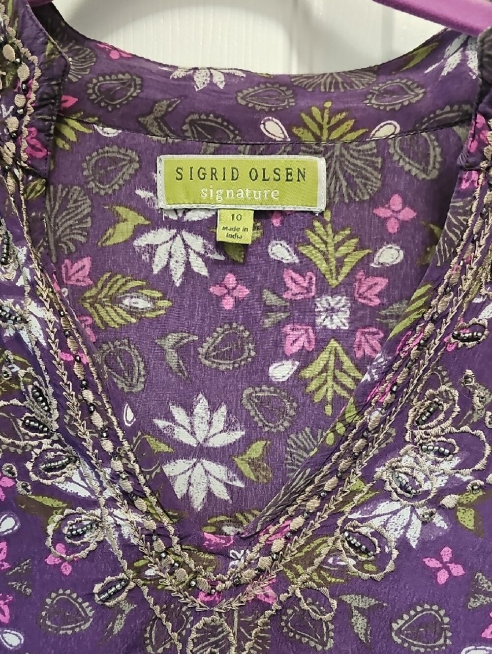 Sigrid Olsen Purple Floral Embroidered V-Neck Tunic - Picture 3 of 4